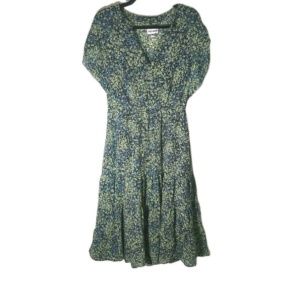 Steve Madden Dress Size Medium Green Black Blue Tiered Floral Midi Wedding Party - Picture 1 of 8